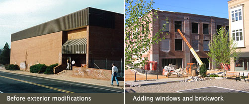 Building at entrance to Brasfield Square, before and during renovation
